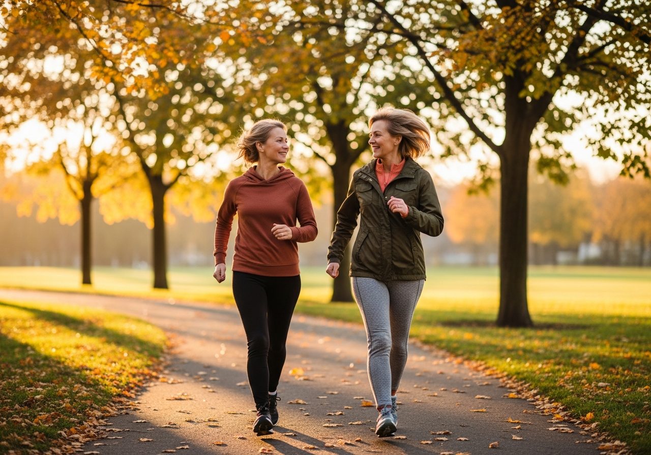Two women walking together on a tree-lined park path
