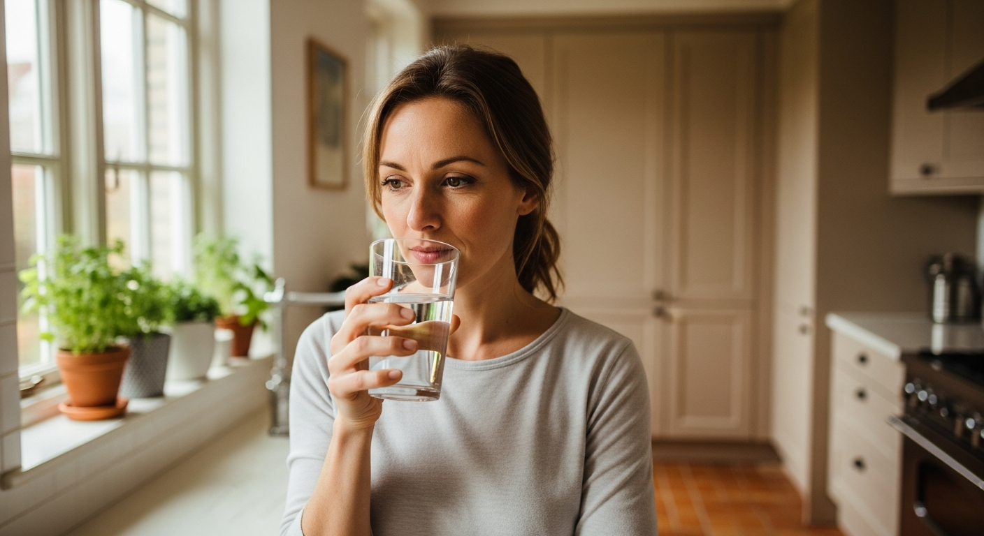Woman in her late 30s pausing thoughtfully in her kitchen with a glass of water