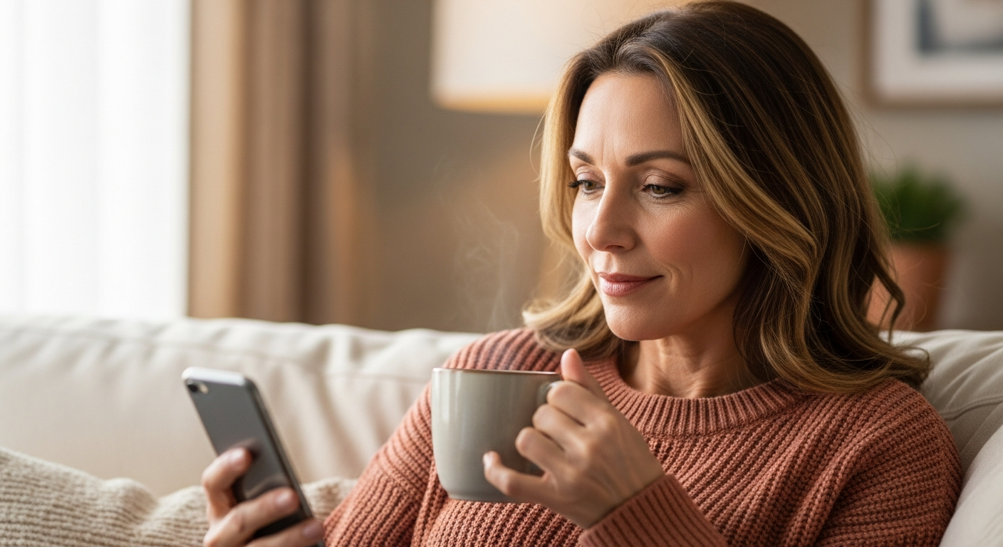 Woman in her 40s looking thoughtfully at her phone with a cup of coffee