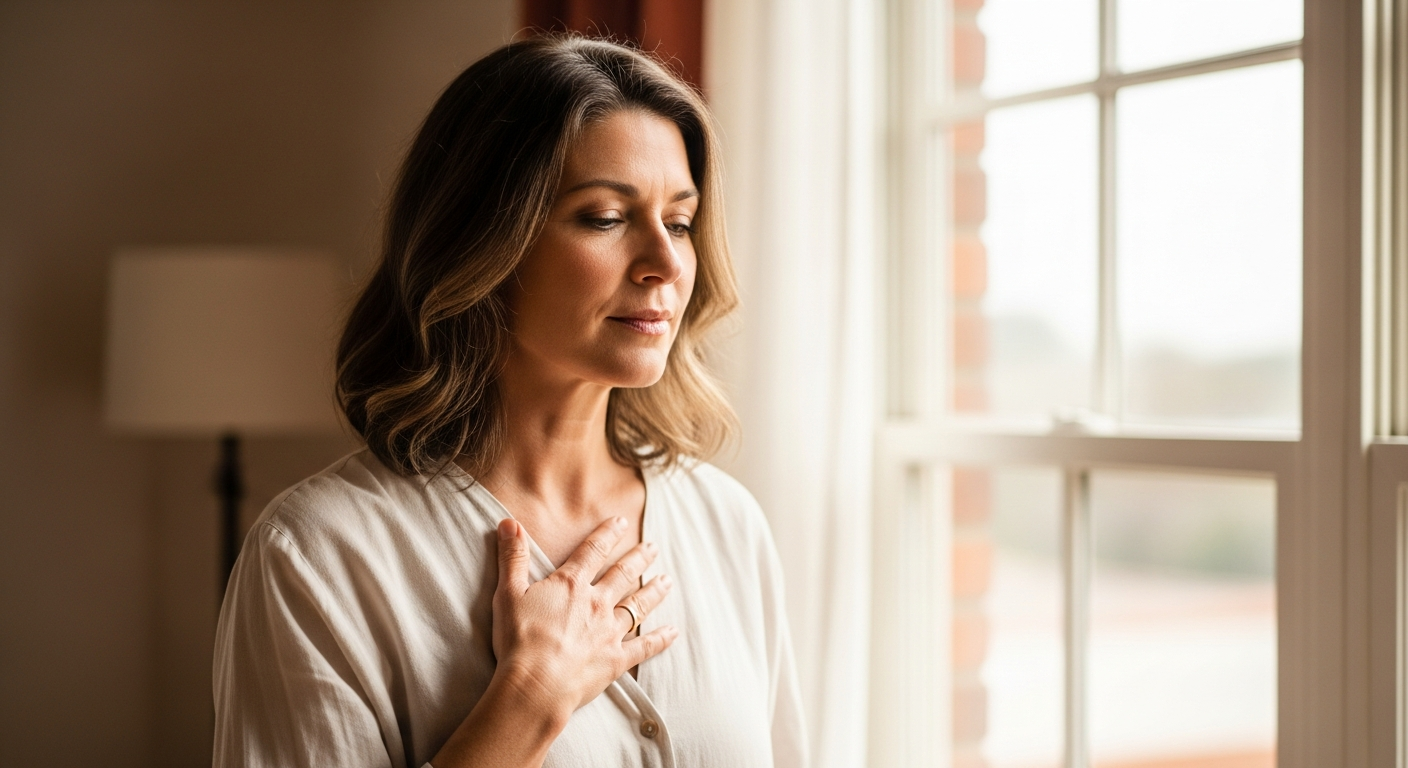 Woman in her 40s breathing calmly by a bright window, hand resting on her chest