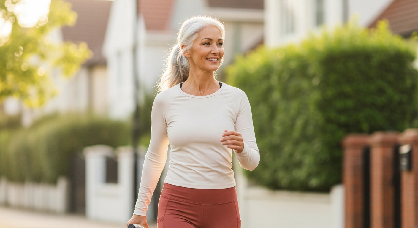 Confident woman in her 50s in activewear walking outdoors in morning light