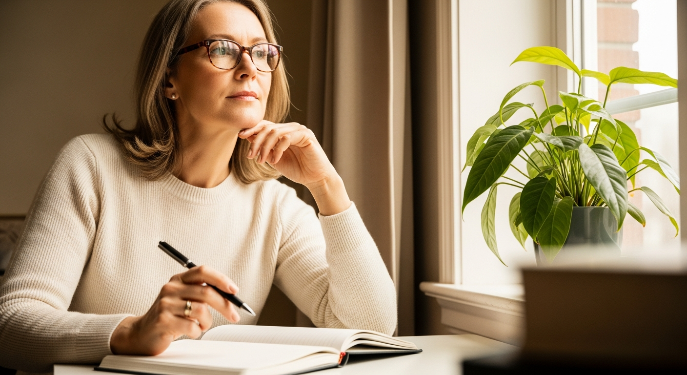 Thoughtful woman with reading glasses pausing over a journal at a bright desk