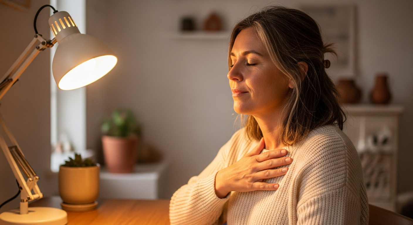Woman in her late 40s at a desk in evening light, pausing with her eyes closed to breathe