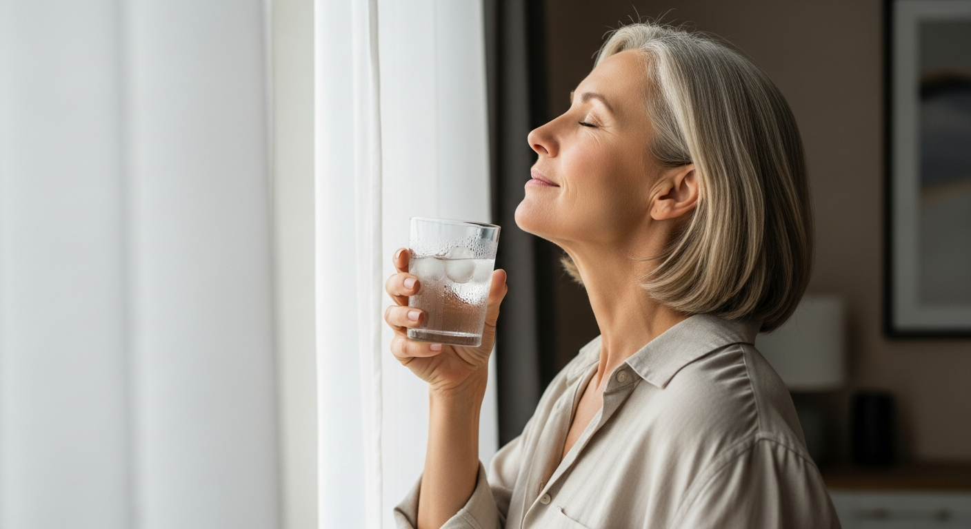 Woman standing by an open window enjoying a cool breeze with a glass of iced water