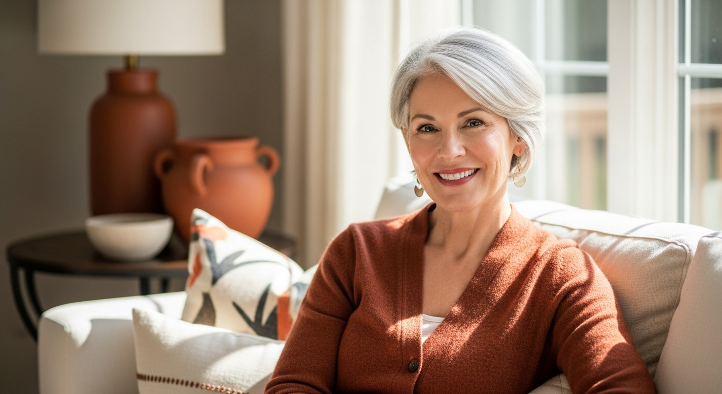 Confident woman in her late 50s smiling warmly in a sunlit living room
