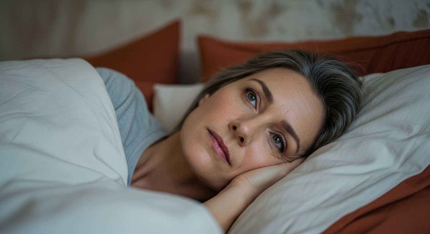 Woman awake in bed in soft blue nighttime light, calm but thoughtful