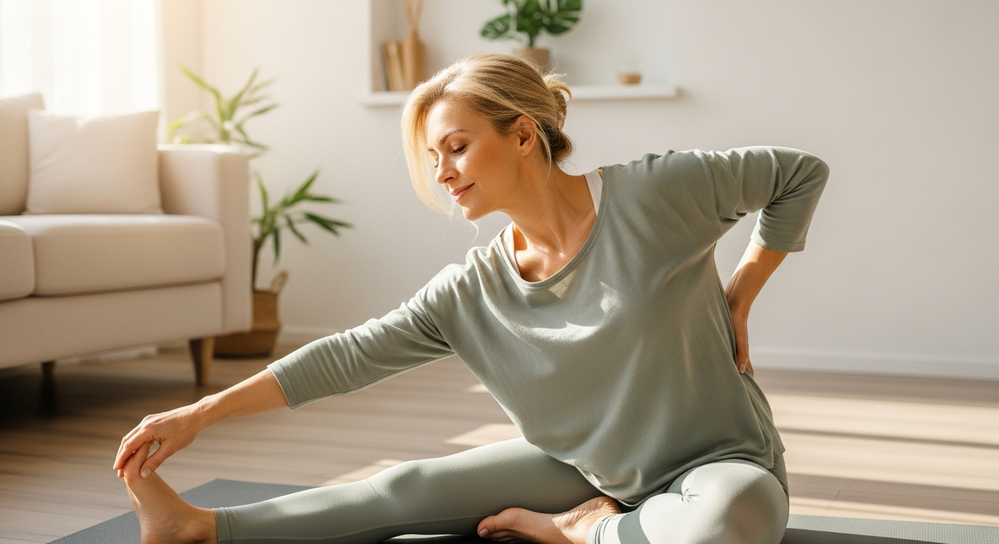 Woman doing a gentle morning stretch on a yoga mat in a bright living room
