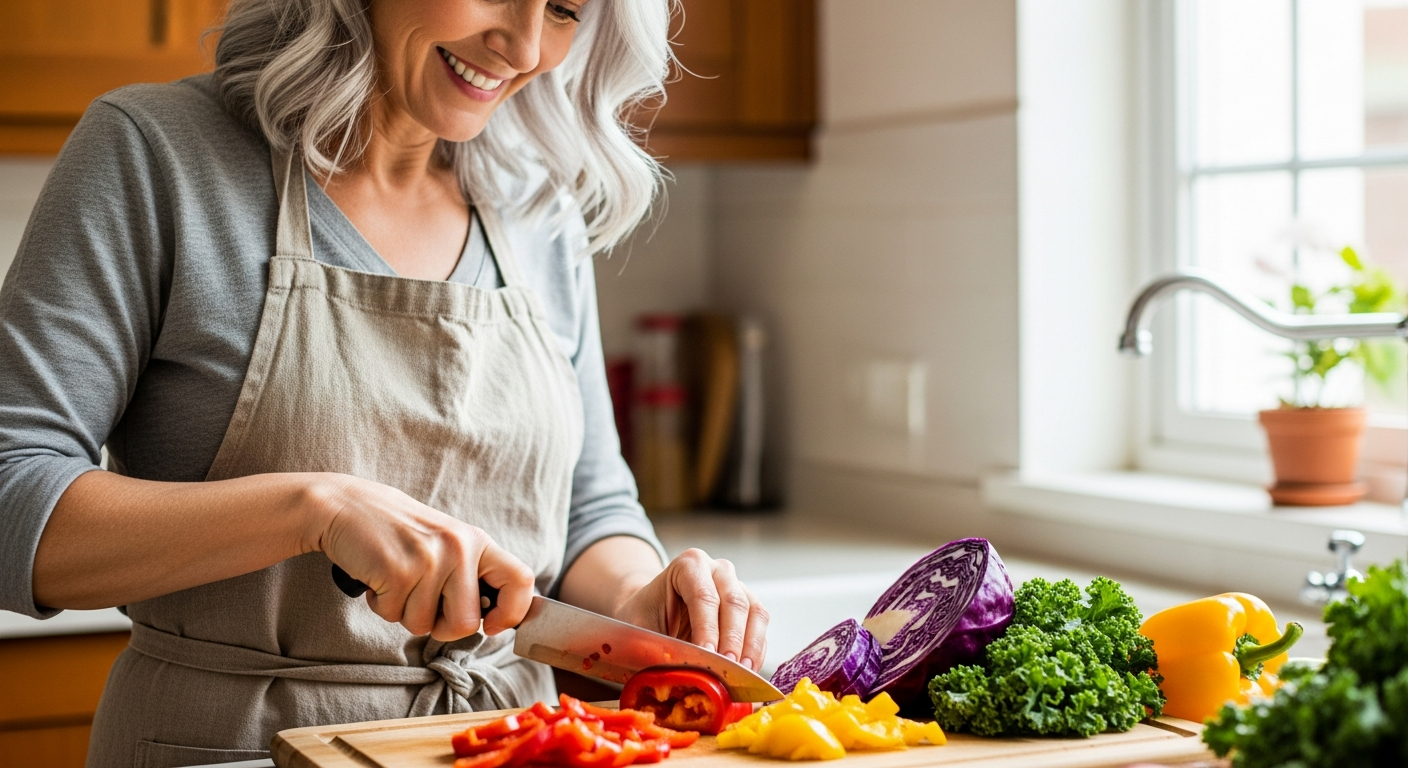 Smiling woman with silver hair preparing colorful vegetables in a bright kitchen