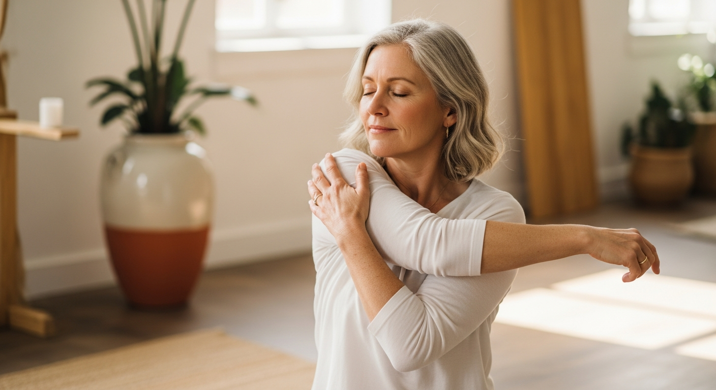 Woman in her 50s gently stretching her shoulder in a bright home studio