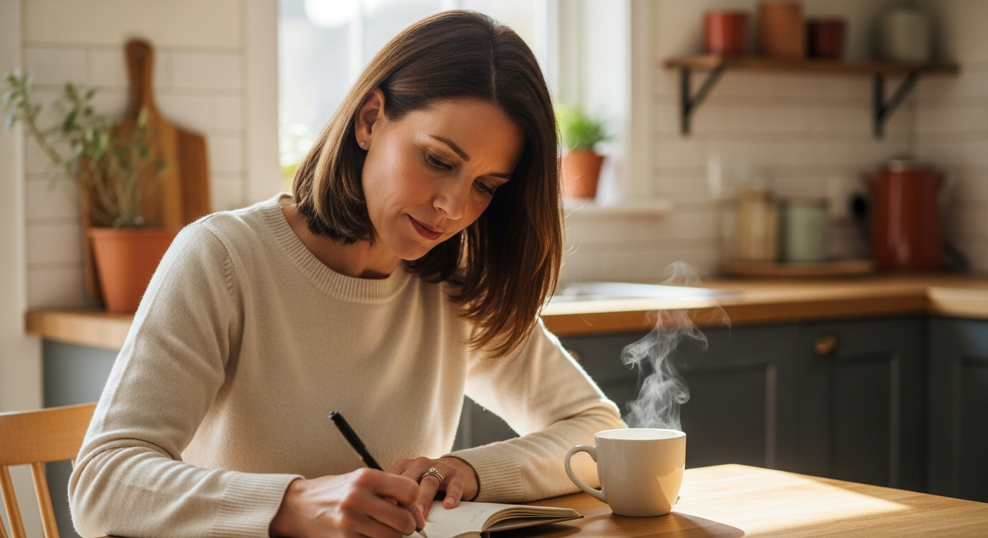 Woman in her late 40s writing in a journal at a sunlit kitchen table