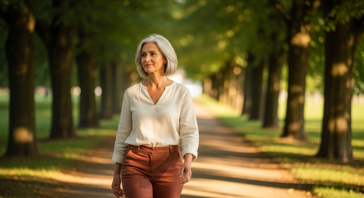 Woman walking along a tree-lined path in warm afternoon light