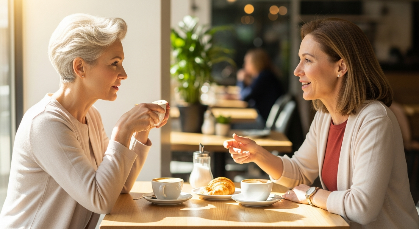 Two women in their 50s talking warmly over coffee at a bright cafe table