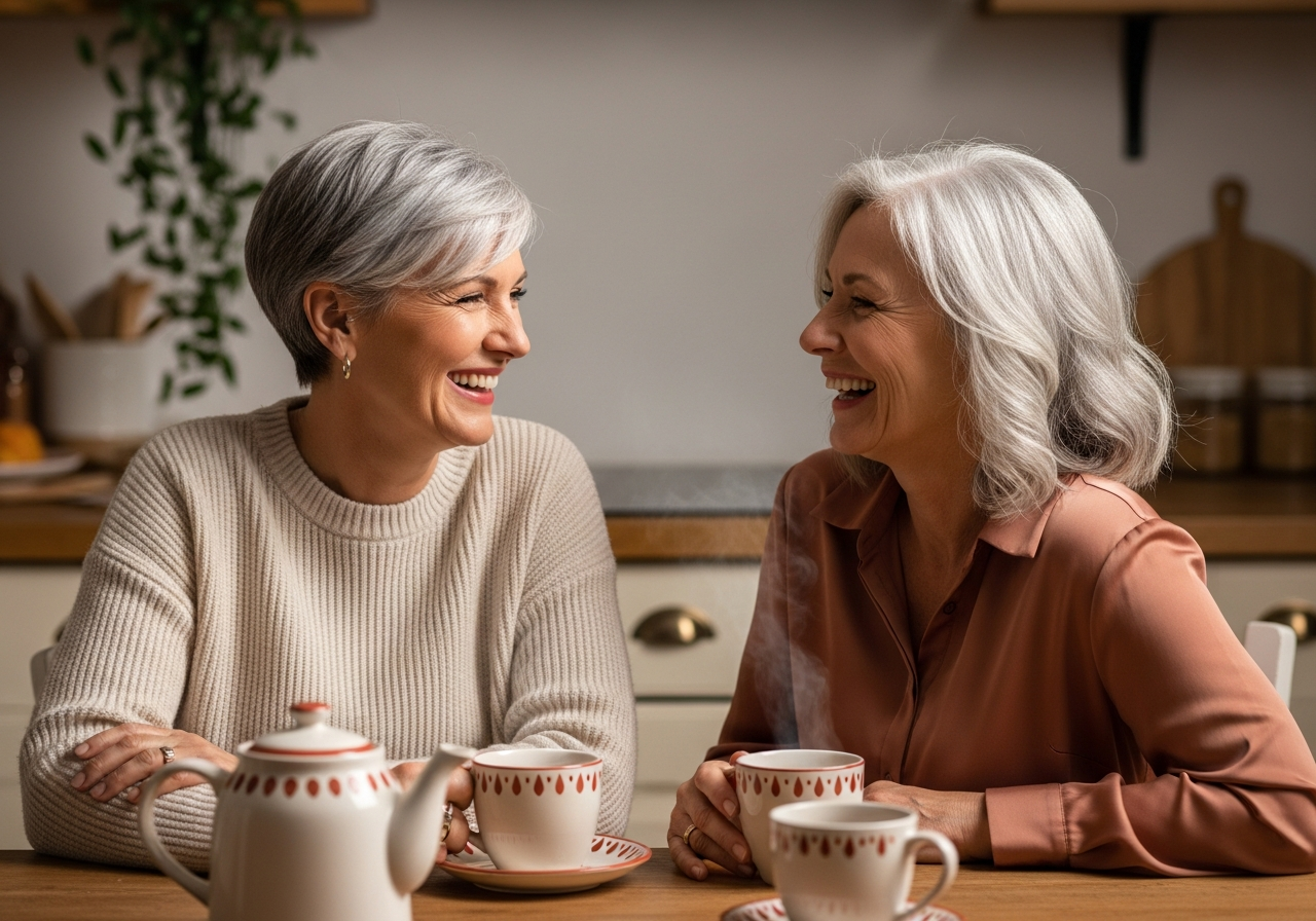 Two women in their 50s laughing together over tea