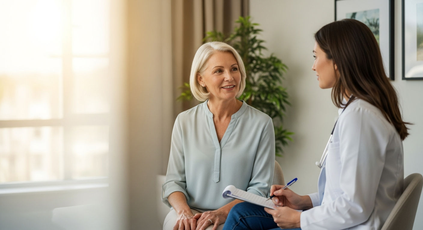 Woman in her 50s in a warm, engaged conversation with a female doctor