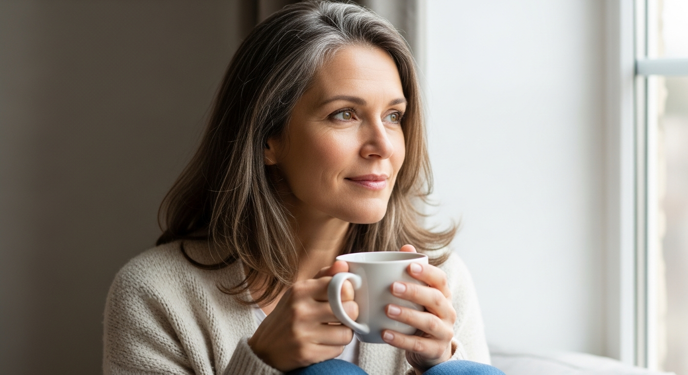 Woman in her late 40s gazing thoughtfully out a bright window with a cup of tea