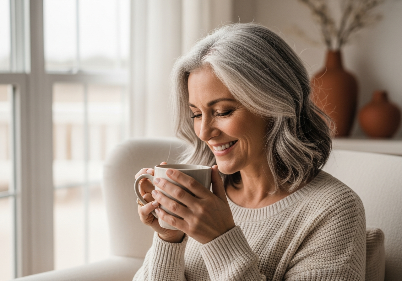 Smiling woman in her 50s with a mug of tea by a bright window